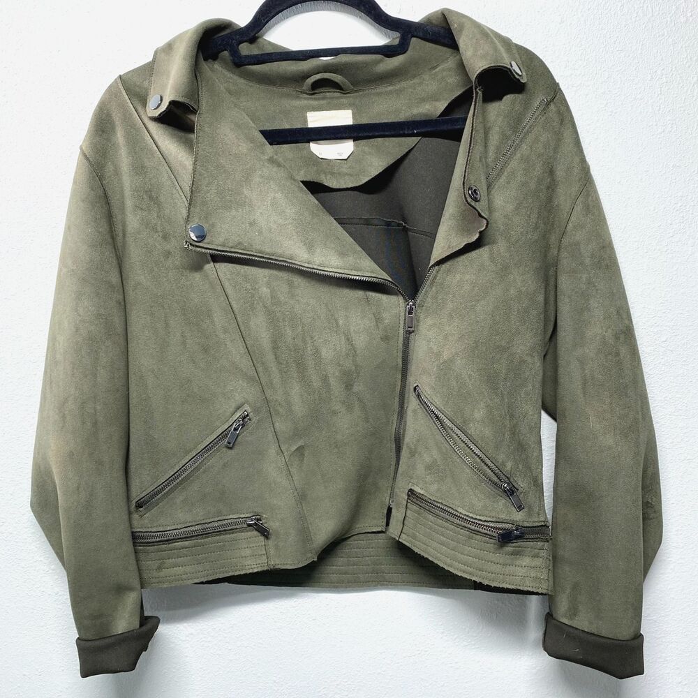 Harper Heritage Francesca's Khaki Olive Green Faux Suede Moto Jacket M